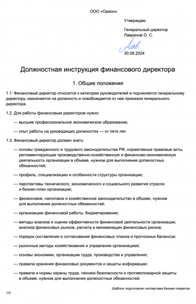 Должностная инструкция финансового директора