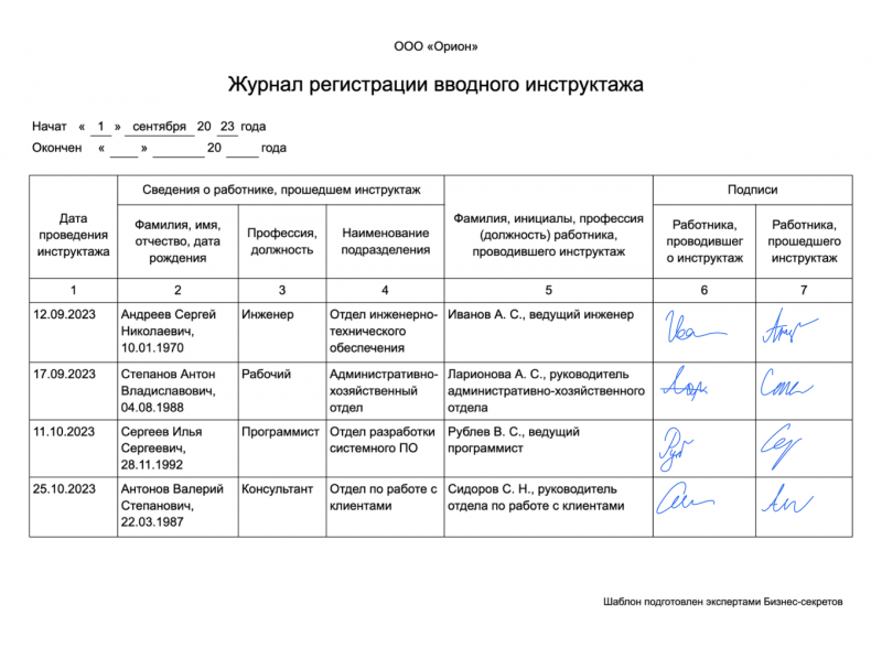 Журнал регистрации вводного инструктажа